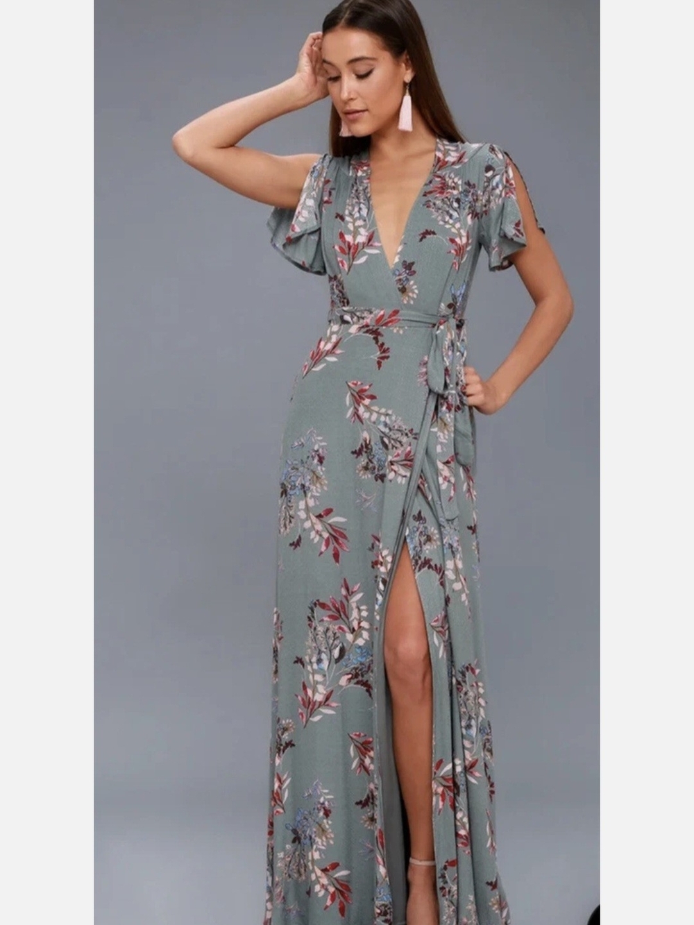 Lulu's Fiorire NWT Grey Floral Wrap Maxi Dress